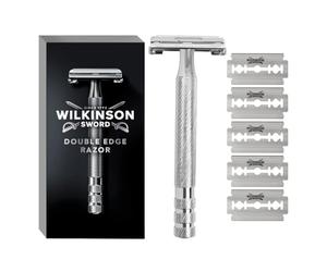Wilkinson Sword Double Edge Razor For Men, Barber's Style Wet Shavers for a Close and Comfortable Shave, 1 Double-Sided Razor Handle plus 5 Blades Refills Pack