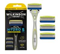 Wilkinson Sword Hydro 5 Sensitive Razor For Men, 5 Blade Cartridge Razor with Hydrating Aloe Vera Gel, Skin Guards, Flip Trimmer, 4 Piece Set (Handle + 3 Blades), Multicolor, Men's