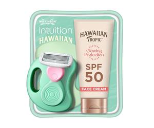 Wilkinson Sword Mini Razor Kit & Hawaiian Tropic Face Sunscreen - 50ml | Complete care travel razor kit, UVA & UVB protection sunscreen, with shea butter and vitamin E, gift for women, vegan
