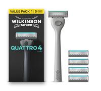 Wilkinson Sword Quattro Razors for Men, Value Pack, Diamond Coated 4 Blades, Men's Shaver Razor Handle plus 5 Blade Refills