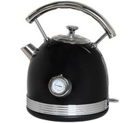 wilko 1.7L Retro Electric Kettle with Thermometer, Black, Stainless Steel, Dry Boil and Overheat Protection, Water Level Indicator, Auto Switch Off Function, 240V, 2200W
