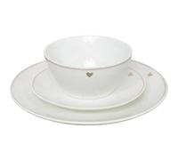 wilko Gold Heart Collection 12-Piece Dinnerware Set, Grey Speckle with Gold Hearts Pattern, Coupe Plates and Conical Bowls, Everyday and Special Occasions