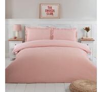 wilko Josette Frill Duvet Set, Double, Pink, Polyester, Gingham Check Pattern with Reversible Solid Design, Machine Washable