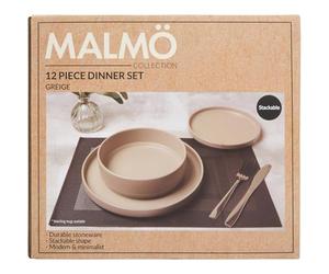 wilko Malmo 12 Piece Dinner Set, Greige, Stacking Design, Contemporary Scandi Collection, Everyday and Special Occasions