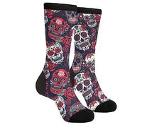WILL BUDXEG Casual Funny Funky Novelty Fashion Comfortable Socks For Men Women Crazy Dress, Day of the Dead Halloween Flower Mexican Sugar Skull Skeleton, 1