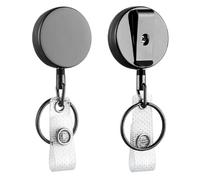Will Well ID Badge Holder Reel with Clip and Keyring - Heavy-Duty All-Metal Casing with 27.5" UHMWPE Fiber Pull Cord for Durability and Easy Access, Holds up to 8 Keys - 2-Pack, Round, Glossy Black
