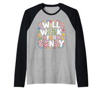 Will Work for Candy Children's Candy Lollipops Bear Funny Raglan Baseball Tee