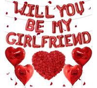 Will You Be My Girlfriend - 525 pcs Red Letter and Heart Shape Balloons, 16inch Balloon Letters with 500pcs Artificial Rose Petals for Valentine Day Supplies
