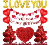 Will You Be My Girlfriend - 534 Pcs Balloons Banner I Love You Heart Pull Flag Foil Latex Red Heart Balloon Artificial Rose Petals Decorations For Valentine'S Day Engagement Wedding Romantic Occasions