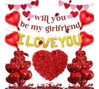Will You Be My Girlfriend - 534 Pcs Balloons Decorations Banner I Love You Foil Heart Latex Foil Balloons Heart Bunting Artificial Rose Petals For Romantic Valentines Day Engagements Weddings