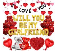 Will You Be My Girlfriend - 552 Pcs Balloons Banner Love Bear Red Heart Swirl Artificial Rose Petals Red Swirls Foil Latex Balloon For Romantic Night Wedding Proposal Engagement Valentine'S Day
