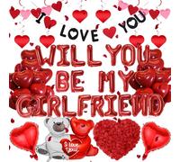 Will You Be My Girlfriend - 552 Pcs Banner Balloons Artificial Rose Petals Love Bear Red Heart Swirl Red Swirls Foil Latex Balloon For Romantic Engagement Valentine'S Day Night Wedding Proposal
