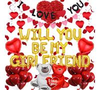 Will You Be My Girlfriend - 552 Pcs Romantic Decorations Including Letter Foil Balloons, I Love You Banner, Latex Balloon and Artificial Rose Petals for Proposal Valentine Anniversary Decorations