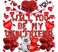 Will You Be My Girlfriend Balloons 552Pcs Romantic Decorations - Red Letter Foil Balloons, I Love You Banner, Heart Shape Swirl, Love Bear Foil Balloon, Heart Latex Balloon