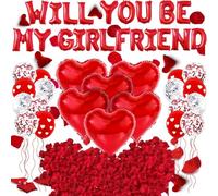 Will You Be My Girlfriend Balloons and Heart Balloons, Romantic Decorations for Proposal and Confession Scenes, Red Heart Balloons with Letter Balloons and Red Petals for Special Occasions
