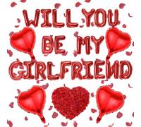 Will You Be My Girlfriend Balloons Decorations Red Letter and Heart Shape Balloons, 16inch Balloon Letters with 500pcs Artificial Rose Petals for Valentine Day Supplies