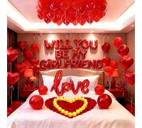 Will You Be My Girlfriend Balloons Decorations Red LOVE Alphabet Balloons with Heart Balloons 1000 Pcs Artificial Rose Petals 24 Flameless LED Candles for Romantic Special Night Valentines Day Decor