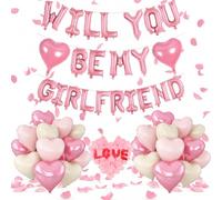 Will You Be My Girlfriend Balloons Kit, 15Pcs Pink Heart Balloons, 1200Pcs Rose Petals for Romantic Proposal Decorations, Valentine's Day, Anniversary Surprise