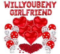 Will You Be My Girlfriend Balloons, Proposal Decorations with Red Heart Balloons and Red Petals, Romantic Will You Marry Me Decorations Set, I Love You Balloons for Special Occasions