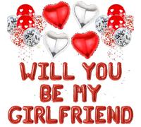 Will You Be My Girlfriend Balloons - Red Valentines Day Party Decorations Confetti and Heart Foil Balloon for Girls Women Valentine's Day Special Date Night