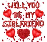 Will You Be My Girlfriend Decorations - 525Pcs Valentine Day Supplies Red Letter and Heart Balloons, 16 Inch Foil Balloons with Rose Petals for Romantic Occasion