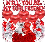Will You Be My Girlfriend Decorations - Rose Petals, Romantic Red Letter Foil Balloons, Heart-Shape Foil Balloon Love Heart Latex Balloons Decor for Confession Proposal