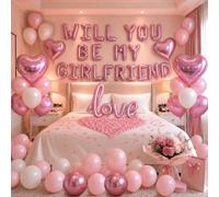 Will You Be My Girlfriend letter balloons, Valentine's Day decorations, heart foil balloons and 1000 artificial rose petals. Pink latex balloons create romantic scenes for confessions and proposals