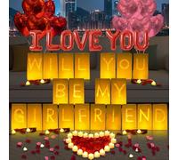 Will You Be My Girlfriend Lighted Letters Sign 21pcs Luminary Paper Bags 2000pcs Red Pink Artificial Rose Petals 48pcs Flameless LED Candle Tealight 10pcs Heart Balloons Romantic Night Valentine's Day