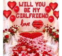 Will You Be My Girlfriend-Love Balloons Letters Set with 1200 Pcs Artificial Rose Petals Balloon Decorations Red Latex Balloons Confession Gift for Valentines Day Christmas Birthday