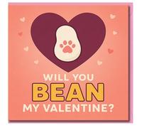 Will You Bean My Valentine? Cute Cat Lover Pun Card - Heart and Paw Print Design - Funny Valentine's Day Card for Boyfriend, Girlfriend, Husband, Wife or Partner