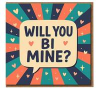 Will You Bi Mine Card - Funny LGBTQ+ Bisexual Pun Valentine's Day Card for Partner, Boyfriend or Girlfriend - Cute Hearts Design