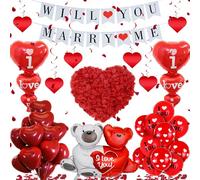 Will You Marry Me Decorations - 534 Pcs Balloons I Love You Banner Red Heart Swirls Balloon Artificial Rose Petals Teddy Bears For Valentine Day Boyfriend Girlfriend Proposal Wedding Anniversary Party