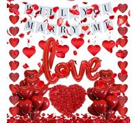 Will You Marry Me Decorations - 535 Pcs Romantic Wedding Proposal Decor Red Hearts Hangings Banner Heart Shaped Foil Balloons Hanging Swirls Rose Petals Engaged Supplies for Valentines Day Engagement