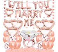 Will You Marry Me Party Decorations - Rose Gold Proposal Balloons Banner Decor with Heart Bunting Garland, Valentine Diamond Rings Petals for Romantic I Love You Theme Party Supplies