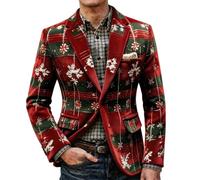 WILLBEST Christmas Corduroy Blazer for Men Vintage Santa Claus Reindeer Print Notched Lapel Long Sleeve Casual Tuxedo Suit Jacket Ugly Xmas Coats Party Outerwear Christmas Outfits Festive Costume