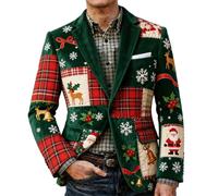 WILLBEST Christmas Corduroy Blazer for Men Vintage Santa Claus Reindeer Print Notched Lapel Long Sleeve Casual Tuxedo Suit Jacket Ugly Xmas Coats Party Outerwear Christmas Outfits Festive Costume