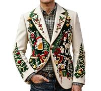 WILLBEST Christmas Corduroy Blazer for Men Vintage Santa Claus Reindeer Print Notched Lapel Long Sleeve Casual Tuxedo Suit Jacket Ugly Xmas Coats Party Outerwear Christmas Outfits Festive Costume