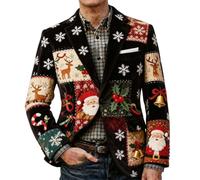 WILLBEST Christmas Corduroy Blazer for Men Vintage Santa Claus Reindeer Print Notched Lapel Long Sleeve Casual Tuxedo Suit Jacket Ugly Xmas Coats Party Outerwear Christmas Outfits Festive Costume