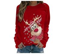 WILLBEST Christmas Sweatshirts for Women UK Funny Reindeer Snowflake Graphic Print Casual Long Sleeve Shirts Tunic Tops Women's Ugly Christmas Sweatshirts Womens Loose Fit Xmas Jumpers Pullover Tops