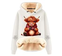 WILLBEST Highland Cow Hoodie for Women Sherpa Fleece Lined Sweatshirt Long Sleeve Drawstring Pullover Tops Funny Christmas Highland Cow Print Jumper Winter Warm Loose Cozy Loungewear