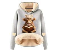 WILLBEST Highland Cow Hoodie for Women Sherpa Fleece Lined Sweatshirt Long Sleeve Drawstring Pullover Tops Funny Christmas Highland Cow Print Jumper Winter Warm Loose Cozy Loungewear
