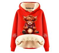 WILLBEST Highland Cow Hoodie for Women Sherpa Fleece Lined Sweatshirt Long Sleeve Drawstring Pullover Tops Funny Christmas Highland Cow Print Jumper Winter Warm Loose Cozy Loungewear