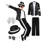WILLBEST Kids King of Pop Costume 5-Piece Set Sequin Jacket Striped Pants With Hat Sunglasses And Gloves 80s 90s Music Icon For Halloween Party Stage Performance And Fancy Dress