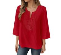 WILLBEST Womens 3/4 Sleeve Tops Cotton Linen Shirts V Neck Embroidered Lace Casual Loose Fit Blouses Boho Tunic Top Fashion 2026 Spring & Summer Clothes