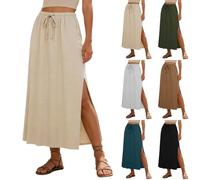 WILLBEST Women's Linen Straight Maxi Skirts with Side Slit 2026 Summer Trendy Long Dresses Ladies Elastic High Waisted Drawstring Vintage Long Flowy Ankle-Length Beach Skirt with Pockets