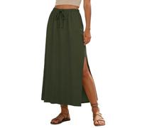 WILLBEST Women's Linen Straight Maxi Skirts with Side Slit 2026 Summer Trendy Long Dresses Ladies Elastic High Waisted Drawstring Vintage Long Flowy Ankle-Length Beach Skirt with Pockets