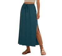 WILLBEST Women's Linen Straight Maxi Skirts with Side Slit 2026 Summer Trendy Long Dresses Ladies Elastic High Waisted Drawstring Vintage Long Flowy Ankle-Length Beach Skirt with Pockets