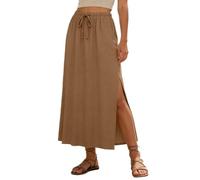 WILLBEST Women's Linen Straight Maxi Skirts with Side Slit 2026 Summer Trendy Long Dresses Ladies Elastic High Waisted Drawstring Vintage Long Flowy Ankle-Length Beach Skirt with Pockets