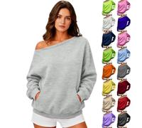 WILLBEST Women's Off Shoulder Sweatshirt Long Sleeve Jumper Top Cozy Fleece Solid Color Oversized Lightweight Slouchy Pullover Tops Y2K Streetwear Casual Autumn Winter Outfits