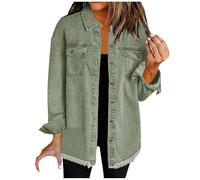 WILLBEST Women's Oversized Denim Jacket Button Down Casual Long Frayed Hem Shacket Coats Sleeve Boyfriend Jean Jackets Washed Shirt Womens Front Shirts